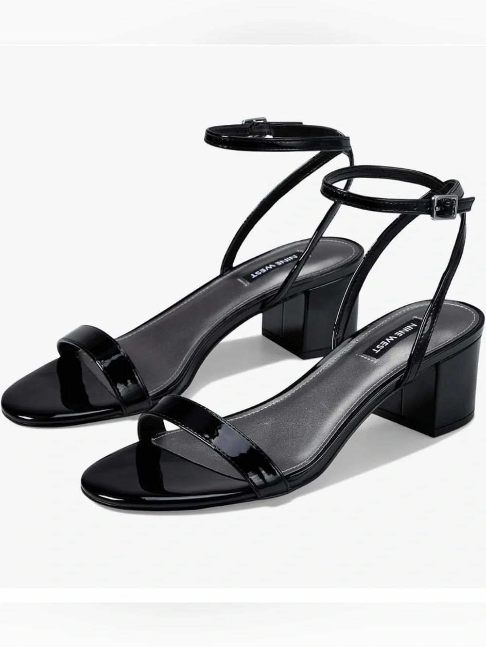 Nine West Black Patent Ankle-Strap Block Heel Sandals